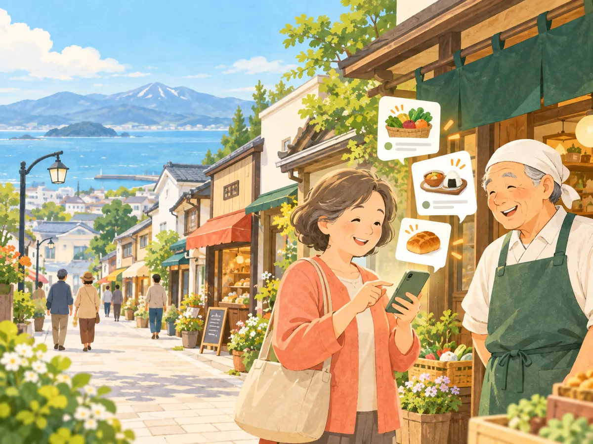 地域のお店とスマートフォンで情報を見るお客さまがつながるイメージ