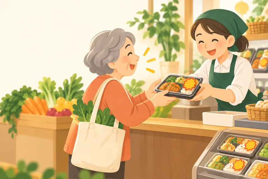 見切り品を購入して喜ぶお客さまと笑顔の店員