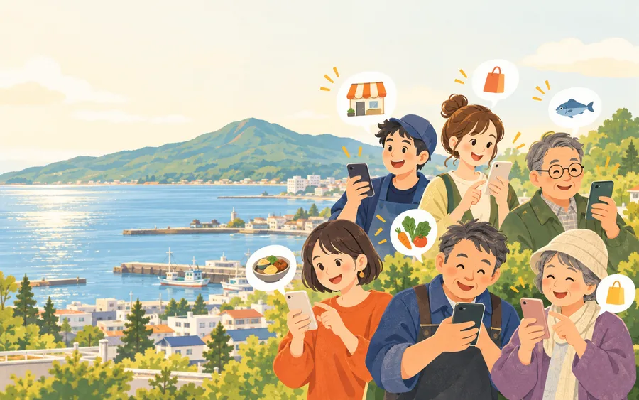 むつ市の海と山を背景に、スマートフォンでお店からの通知を見る地域の人たち