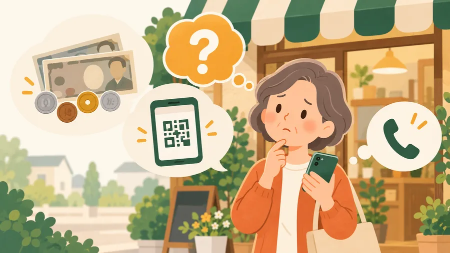 現金とコード決済のどちらが使えるか、電話で確認しようか考える人