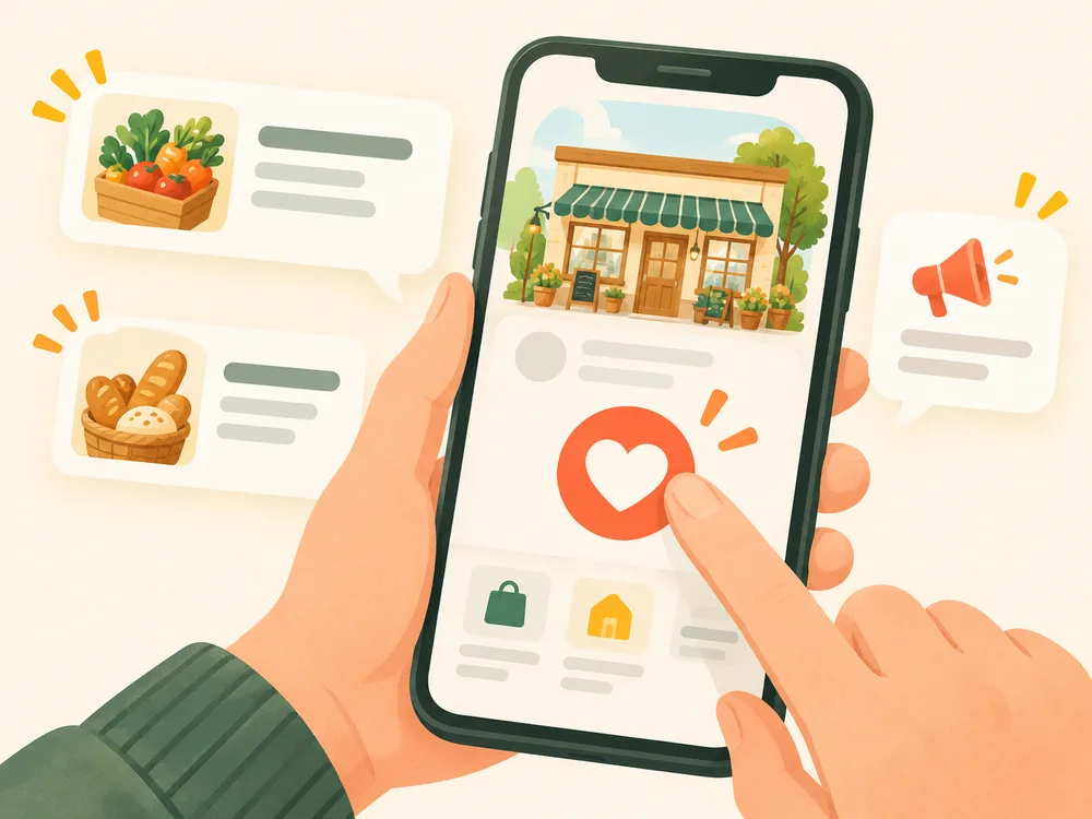 スマートフォンでお店のハート型お気に入りボタンを押すイメージ