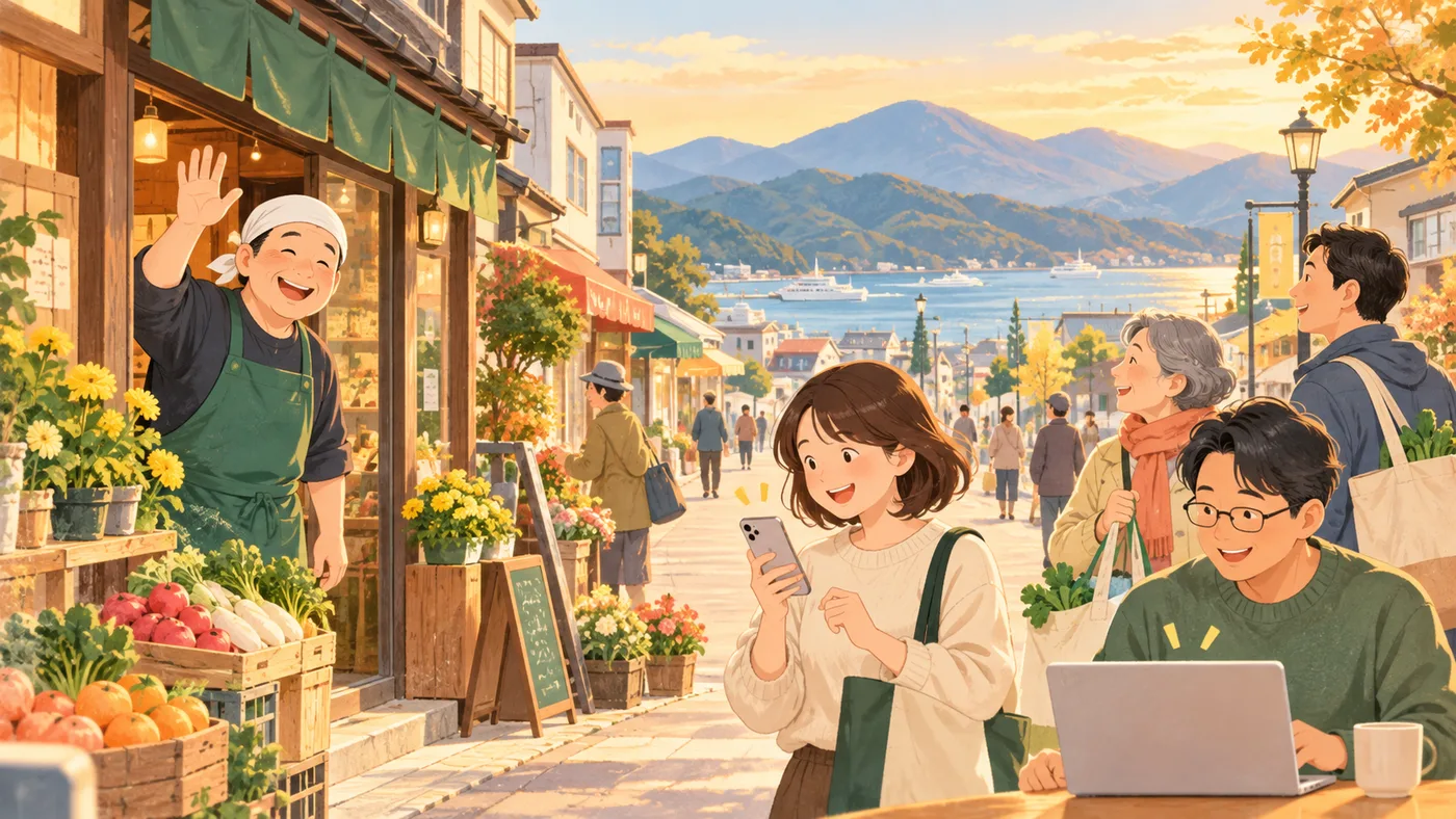 笑顔のお店の人と、スマートフォンやパソコンで通知を見て買い物へ向かう人たちのイメージ